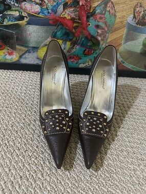 Dolce & Gabbana Dark Brown Pointed-Toe Studded Pumps